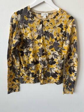 LOFT Floral Button-Front Cardigan in Mustard & Gray